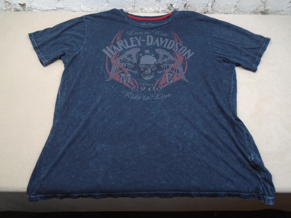 Mens Harley Davdison Acid Wash Flames Skull Wings T Shirt Gray Size 3XL Moto